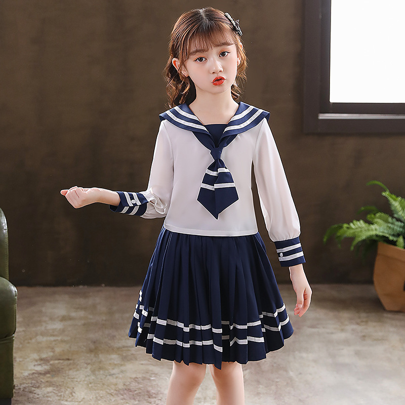 Children's designer fashionable winter new Korean style cute girl long sleeved sweater navy collar uniform