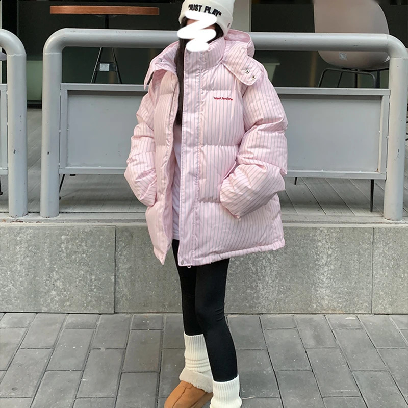 Overcoat Fashion Temperament Striped Warm Hooded Womens Quilted Cotton Coat Winter Loose Casual Women Cotton Coat H250 251023