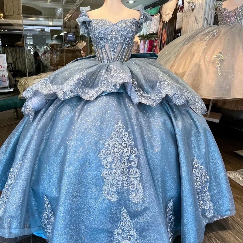 Blue Shiny Quinceanera Dresses Girls Off Shoulder Luxury Tassel Sweet 15 16 Prom Dress Glitter Applique Bow Beaded Ball Gown
