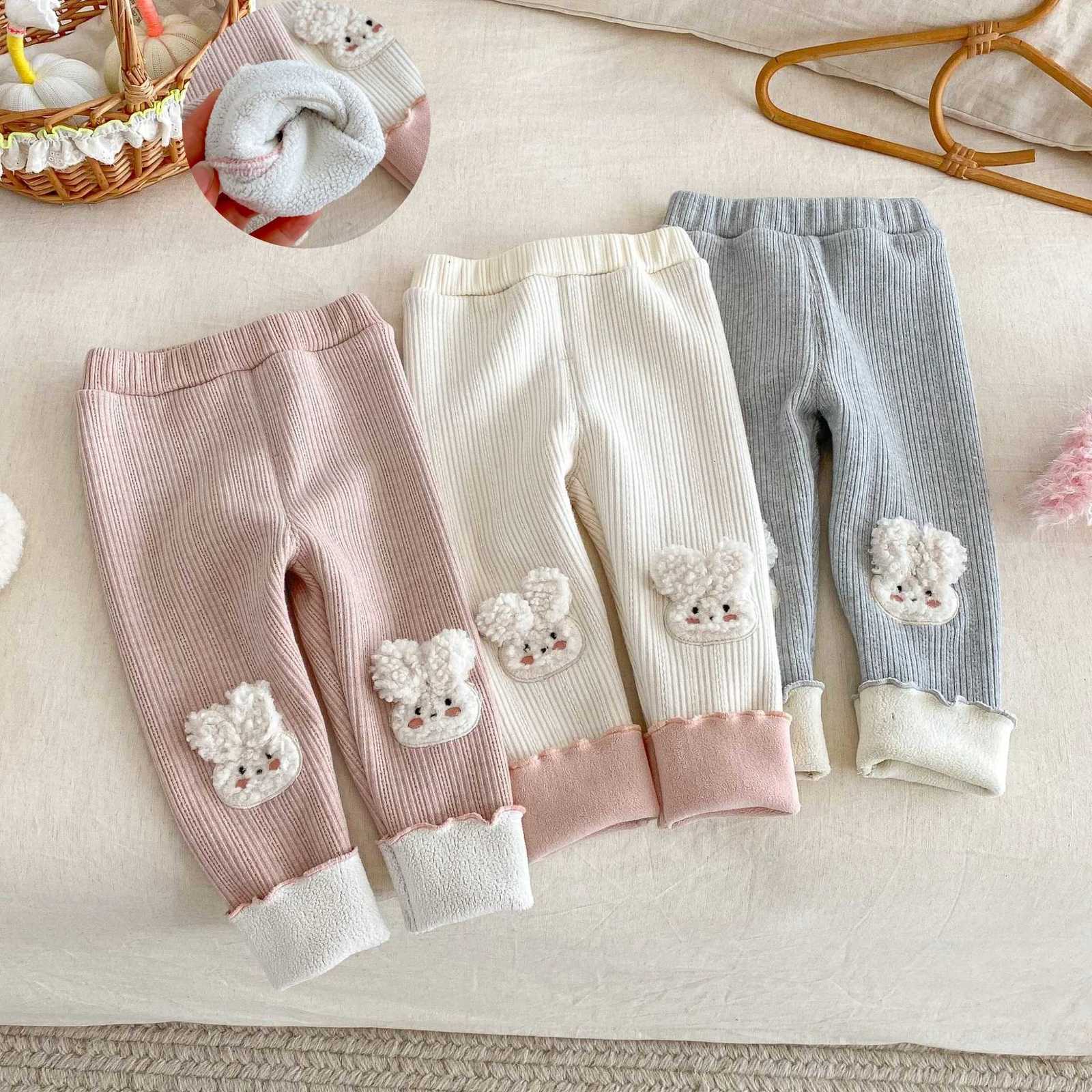 2025 Winter Kids Girl Clothes FleeceLined Leggings Cute Rabbit Embroidered Warm Long Pants Soft Stretchy Bottoms for 05Y KidsT251024