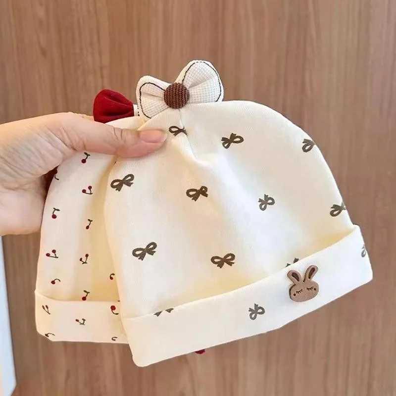 Red Bow Baby Fetal Hat Cherry Print Newborn Beanie Soft Cotton Kids Pullover Cap 06Month Girls Spring Autumn Elastic BonnetL251024