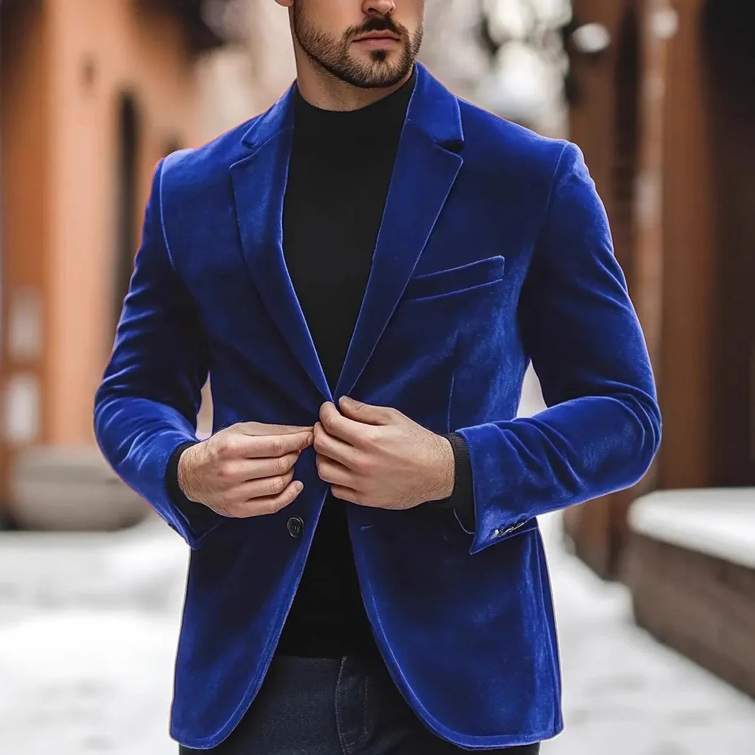 Mens Velvet Suit Jacket Banquet Wedding Formal Suit Solid Color Long Sleeve Blazer Jacket 251023