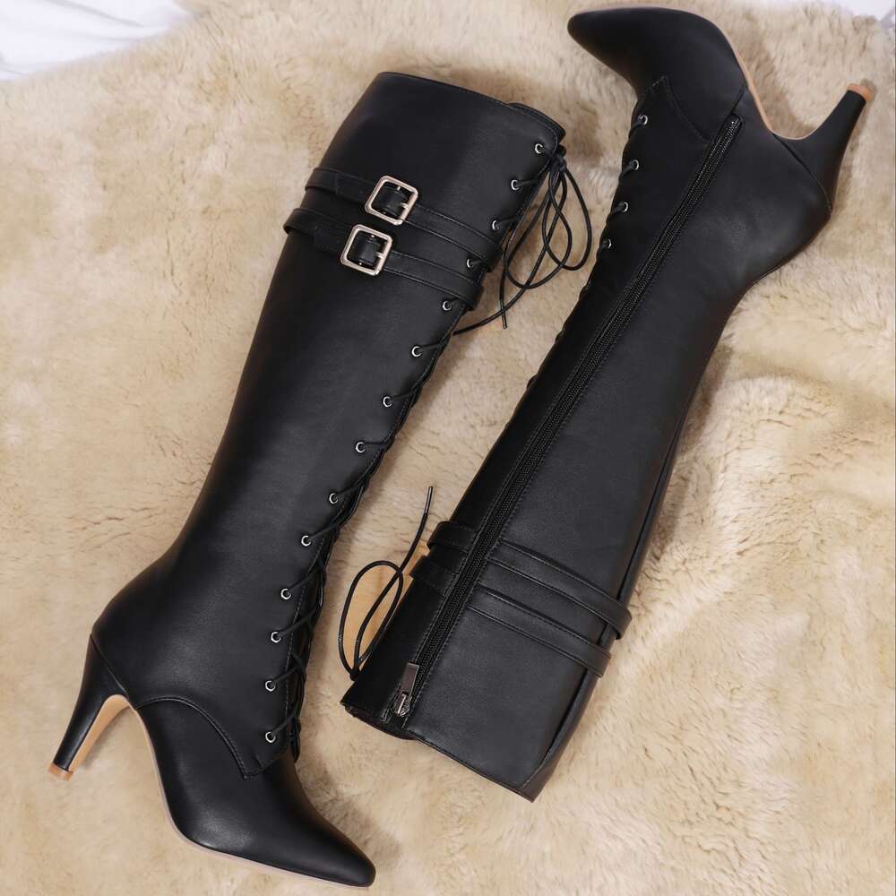 1Pr Women's Knee-High Boots Solid Color, Pointed Toe, Flare Heel, Zipper Closure, Man-Made Upper, Fabric Inner & Insole, Rubber Sole - Fashion Hi