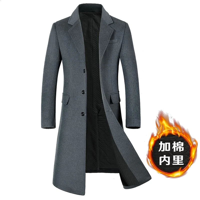 Mens HighQuality Autumn Winter Wool Coat Long Fashion Trench OvertheKnee Thick Cotton M4XL 251015
