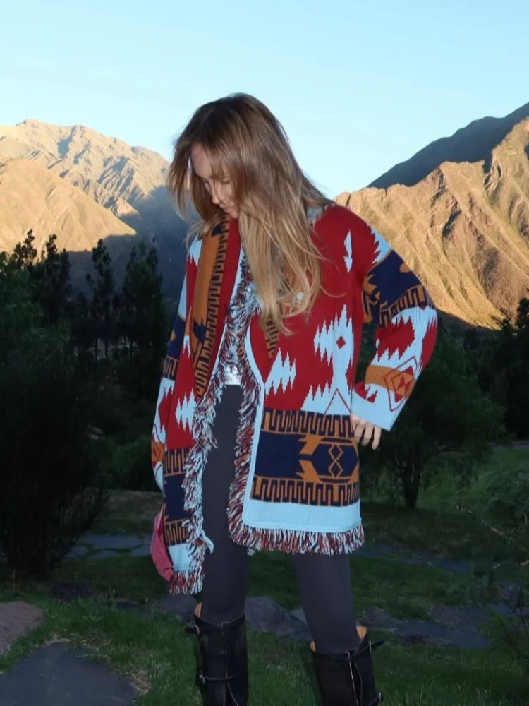 Womens Boho Print Knit Cardigan Top Fringe Trim Belted Long Sleeve Sweater Laceup Coat 2025 High Street Outerwear Outfit 251013
