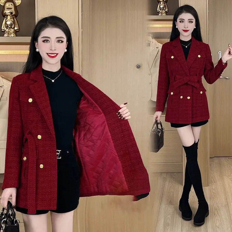 Womens Woolen Jacket Autumn winter 2025 Korean High end Double breasted Female Red Fashion Wool Blazer Overcoat 251016