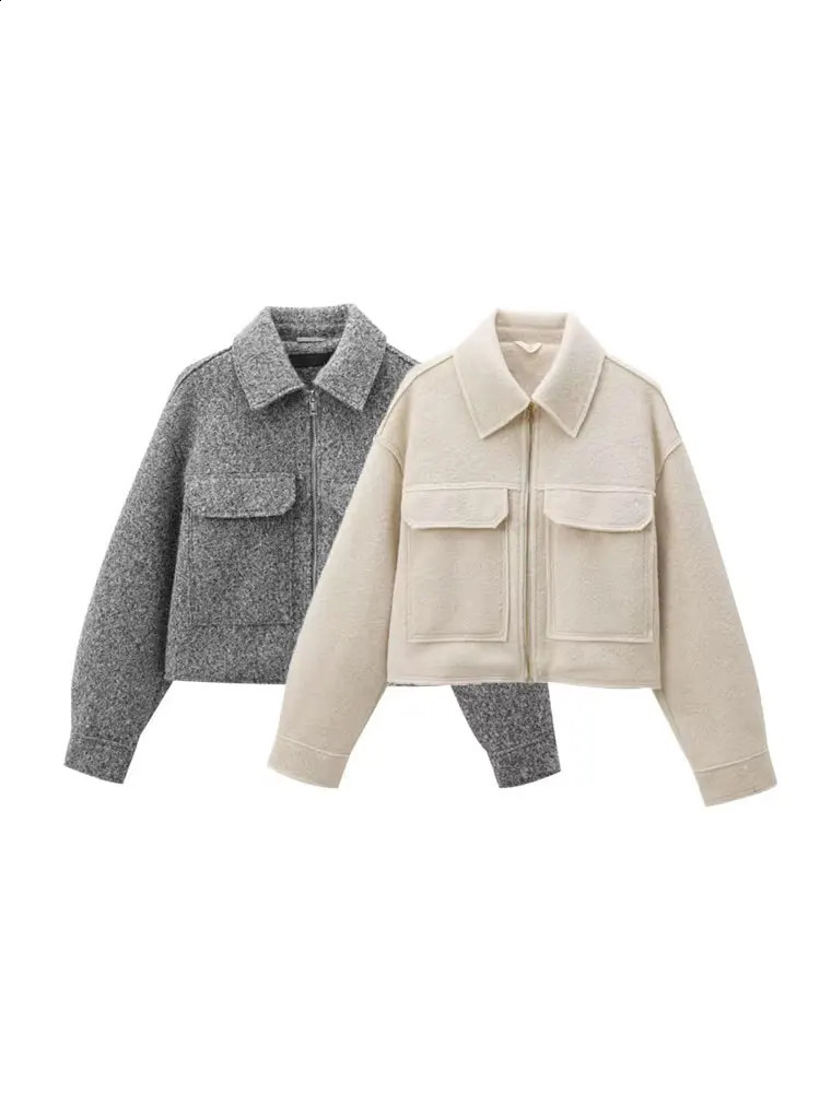 Cropped Jacket with Pockets for Women Long Sleeve Coat Front Zipper Female Outerwear Chic Tops Fashion 251018