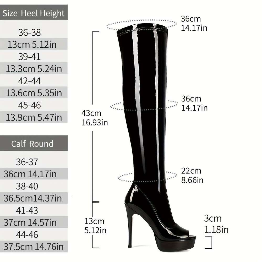 Women's Ultra-High Slip-On Glossy Black Evening Boots With Thick Heels, Slip-Resistant Rubber Sole Party, Formal, Everyday Extended Sizes Availab