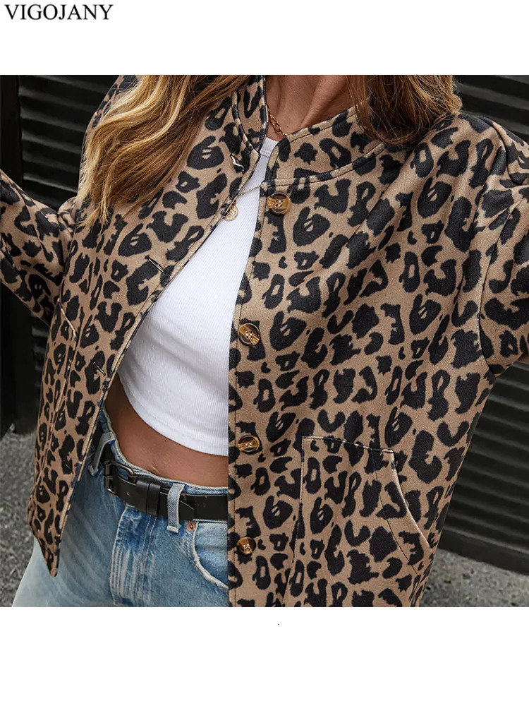 2025 Women Autumn Winter Short Coat Brown Leopard Print Jacket Single Breasted Long Sleeve Lady Pocket Casual Outwear 251015