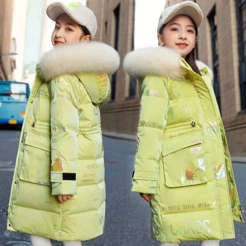 Girls Thickened Coat Winter Warm Long-Length Jackets Children's Plush-Collared Hooded Outerwear New Kids Wash-Free Cotton Clothe