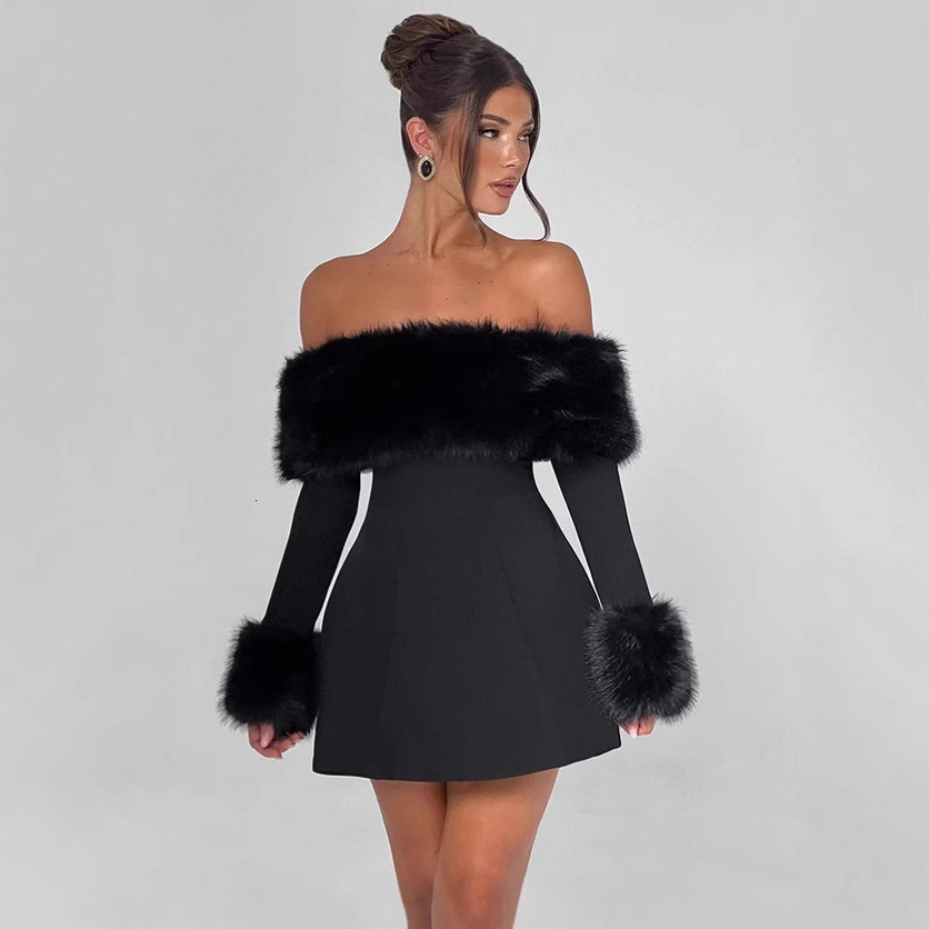 Women's Winter New Elegant Off Shoulder One Shoulder Collar Fur Patch Tight High Waist Designer Dress