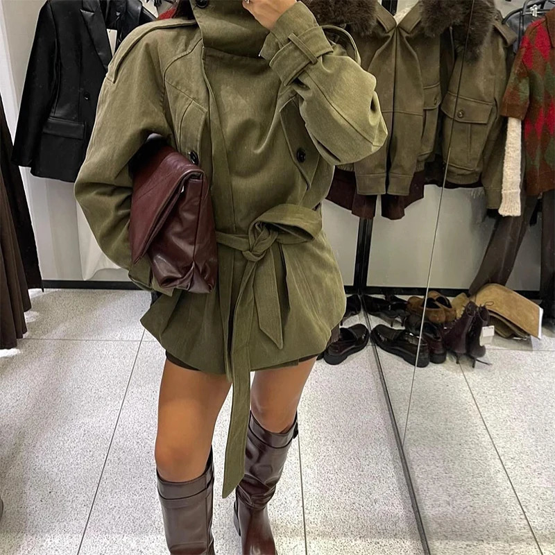 Womens Jacket Long Sleeve Button With Belt Coat Lace Up Stand Collar Outerwears Autumn Chic High Street Lady Jackets 251021