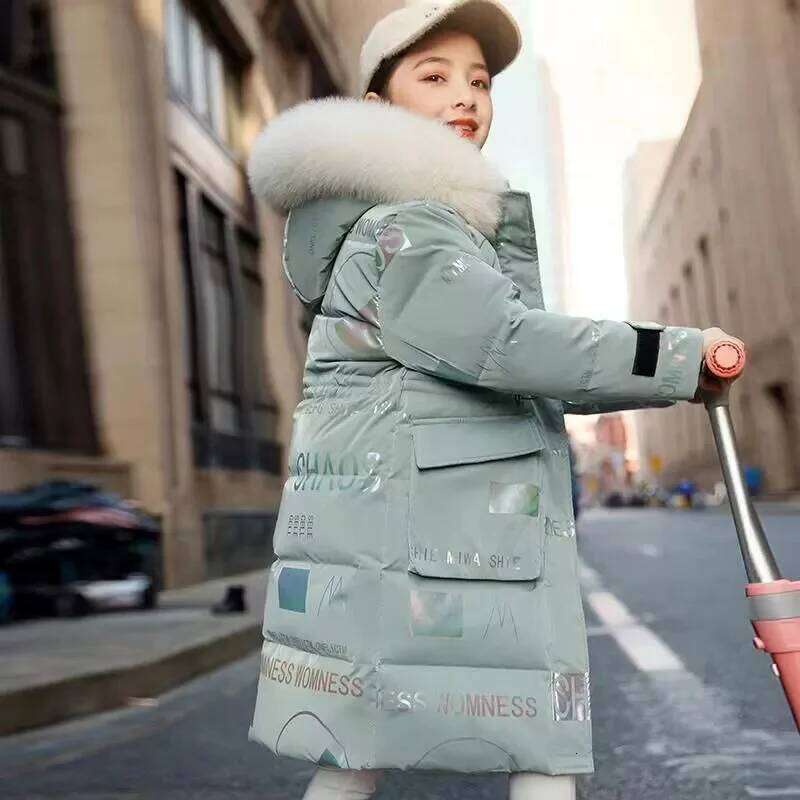 Girls Thickened Coat Winter Warm Long-Length Jackets Children's Plush-Collared Hooded Outerwear New Kids Wash-Free Cotton Clothe