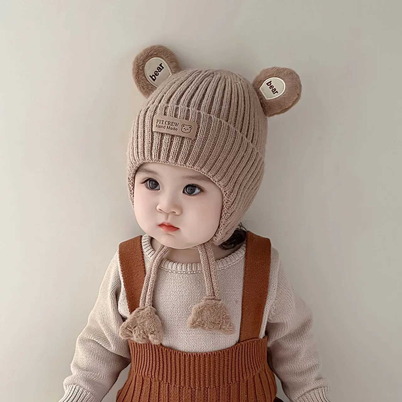 Winter Warm Baby Hat Cute Bear Baby Boys Girls Ear Protection Cap Beanies Soft Toddler Kids Anticold Lacing HatL251024