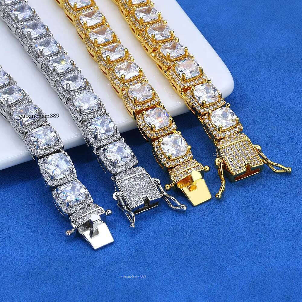 Pass 100% diamond test10mm Rock Candy Chain S Sier Hip Hop Square Sand Stone Men's Necklace Gold Plated