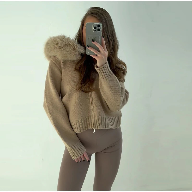 2025 Autumn Casual Fur Collar Sweater Coat Womens Solid Loose Long Sleeve Zippers Pullover Ladies Fashion Office Tops 251013