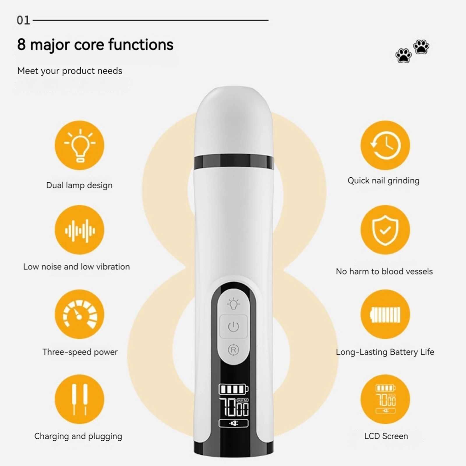 Electric Dog Nail Grinder with 2 LED Lights Pet Nail Trimmer Cat Nail Grinder Suitable for Small Middle Large Dogs and Cats Z20251024