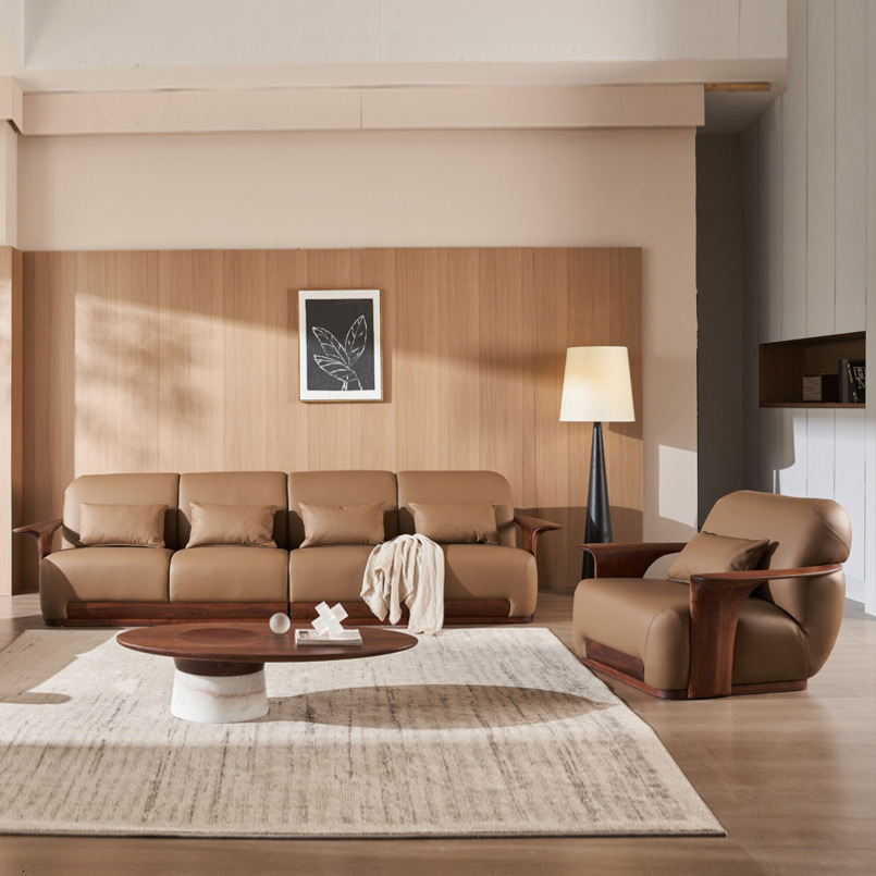 Black Walnut Solid Genuine Leather Natural Wood Style Nordic Living Room Four-Seater Single-Seater Combination Sofa