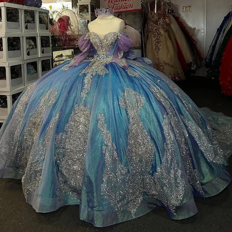 Blue Shiny Off The Shoulder Quinceanera Dresses Lace Applique Beading Crystal Tull Corset Birthday Sweet 16 Dress Vestidos 15 De Anos