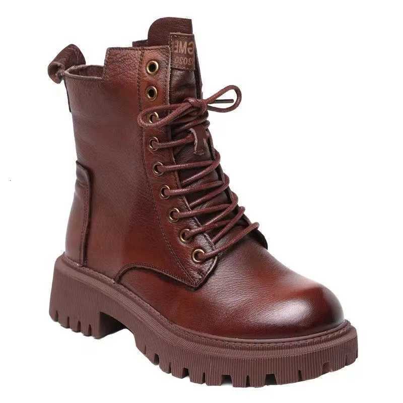 2025 Genuine Leather Womens Boots Velvet Autumn Winter Thick Heel Cowhide Shoes Handmade Retro Platform Booties W251024