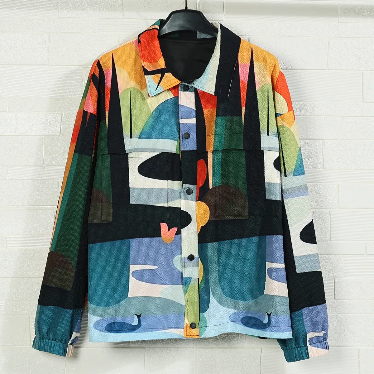 DHgatepod Men's All-Over Print Casual Jacket - Lightweight 135GSM Poly-Spandex Stand Collar Coat with Chest Pockets