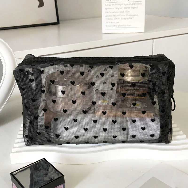 Women Cosmetic Toilet Storage Pouch Bag Ladies Toiletry Lipstick Key Coin Organizer Bags Purse Heart Transparent Mesh Makeup BagT251024