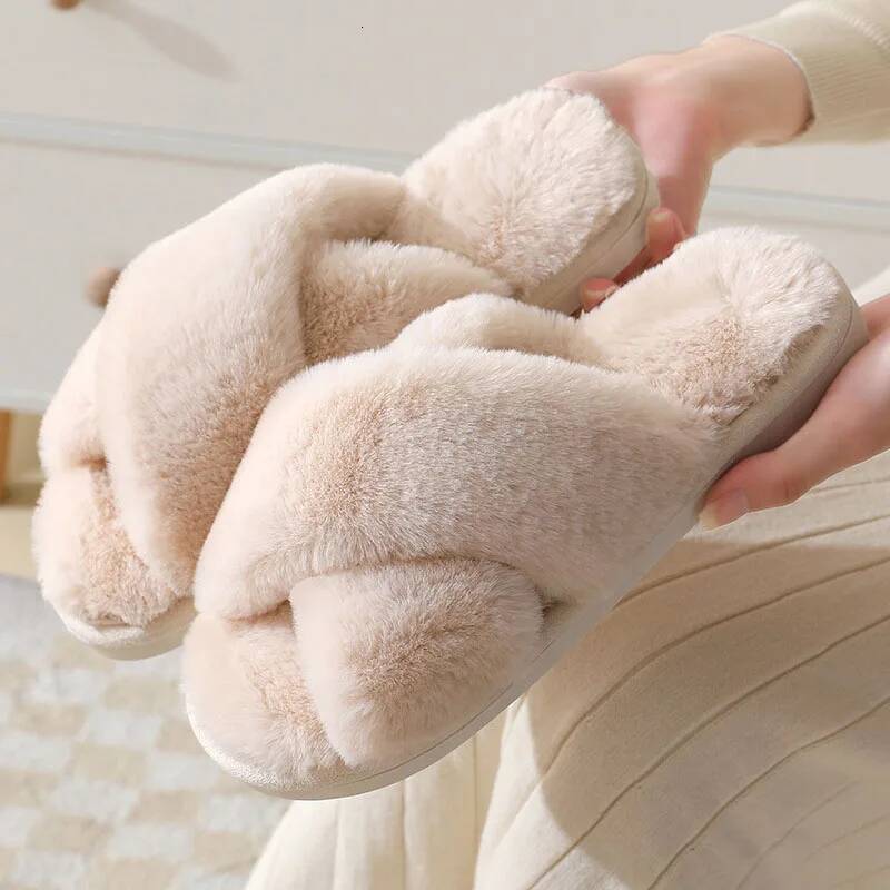 Winter Home for Women Fashion Cross Strap Thicked Plush Slides Woman Light Soft Sole Faux Fur Warm House Slippers ddmythur