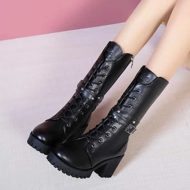 Winter New Solid Color Thick Sole Increase Buckle Design Model Boots Round Head Square Heel Nonslip Womens Midcalf Boots W251024