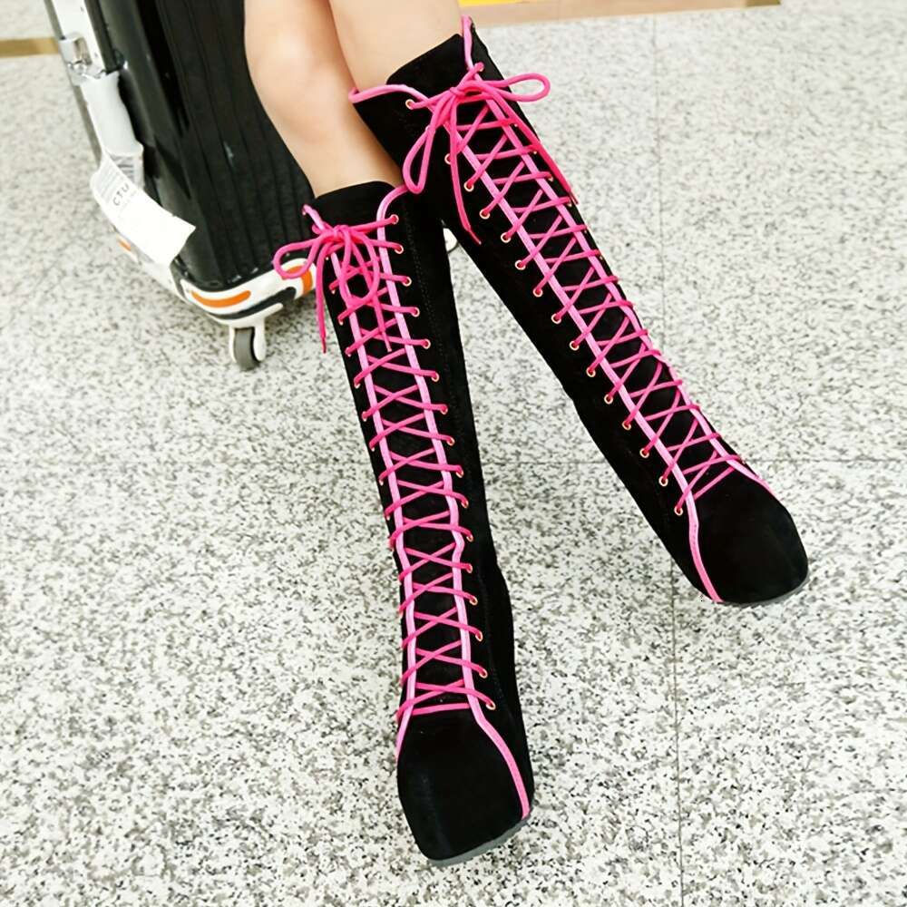 EROCALLI Women's Gothic Y2k Platform Wedge Knee-High Boots - Chunky Lace-Up With Side Zipper, Faux Cover Rubber Sole For Casual & Daily Wear, Hig
