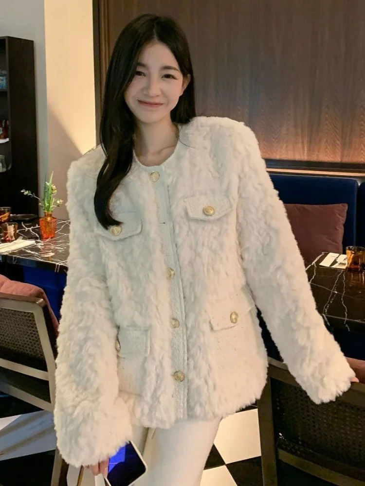 Korean Style Lamb Wool Jackets Women Autumn Winter Thick Warm Faux Fur Patchwork Coats Ladies White Long Sleeve Plush Outwear 251021