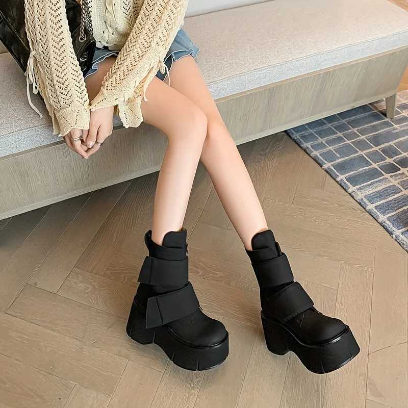 Womens black thicksoled platform ankle boots round toe slipresistant high heels with adjustable straps and soles W251024