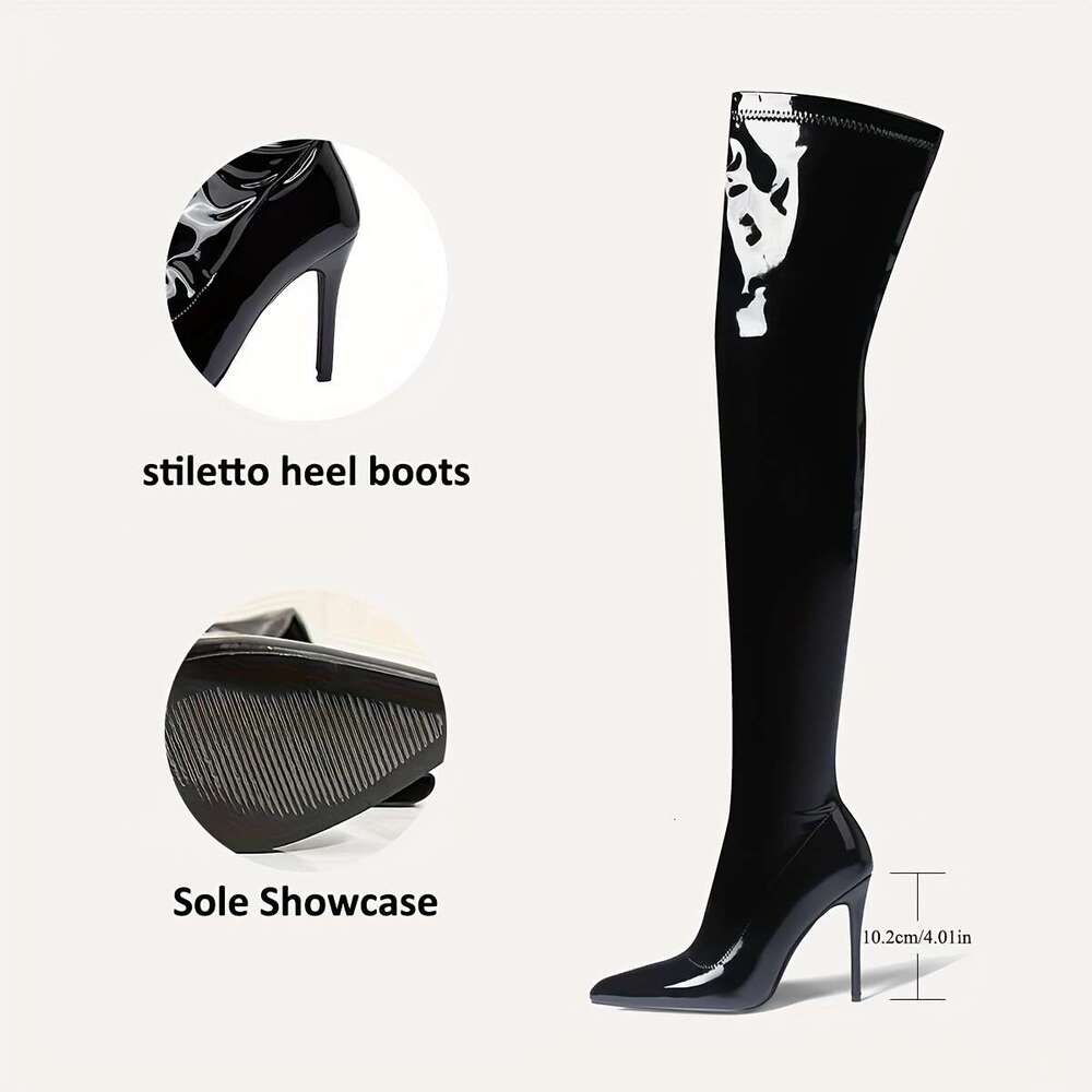 1Pr Elegant Black Knee-High Boots - Solid Color Stiletto With Pointed Toe, Microfiber Upper, Mesh Inner, Rubber Sole, High Heel Zipper Closure
