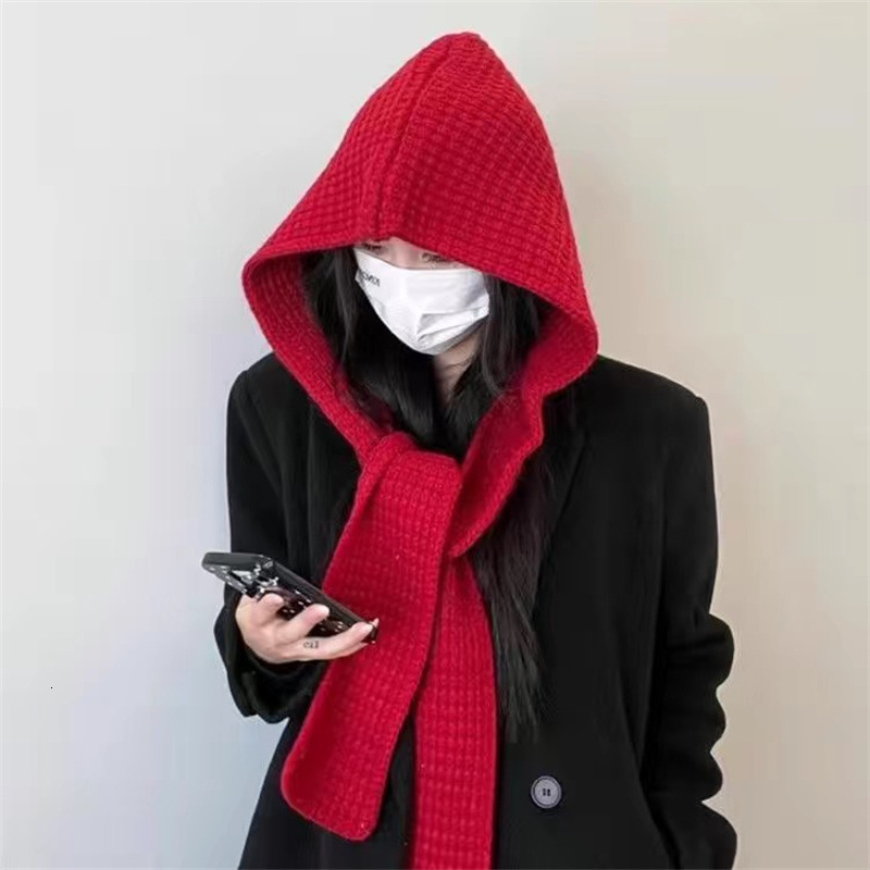 Women's Winter Fashion Trendy Scarf Dual-use Knitted Cape Versatile Solid Color Warm Hooded Shawl Integrated Hat