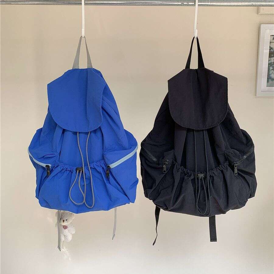 New Pleated Drawstring Nylon Women, Niche Trendy Large Capacity Flip Cover Student Backpack For Girls B5