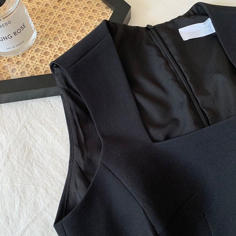 M41250 French square neck waist vest dress women's spring and summer new temperament slim little black dress