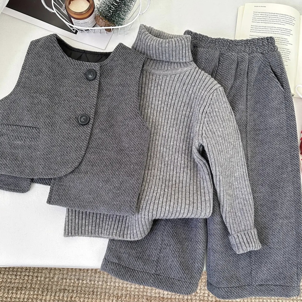 Free Shipping Kids' 2025 New Fashion Winter Fleece-Lined 3-Piece Set: High Neck Sweater, Thick Vest & Pants