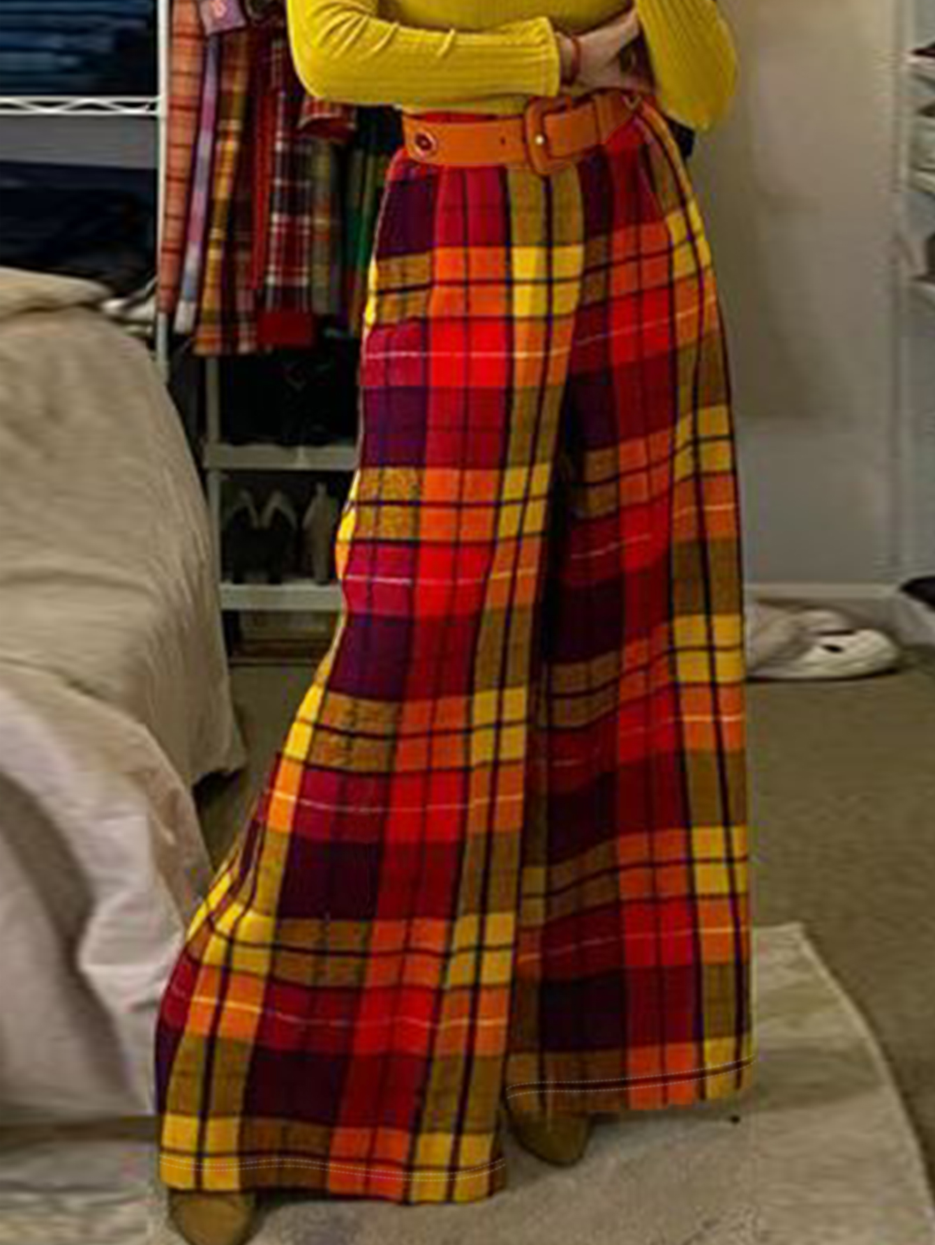 Spring Autumn New Women's Plaid Printed Retro Wide-Leg Pants, Milk Silk Casual Vintage Trousers, S-XXL Mixed Color--CF43688