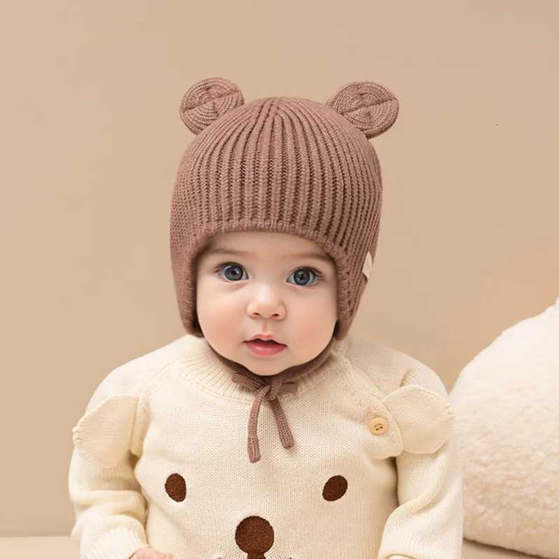 Bear Baby Ear Protection Woolen Cap Solid Color Toddler Beanie Children Knitted Hat 14 Years Boy Girl Kids Winter Warm HeadgearL251024
