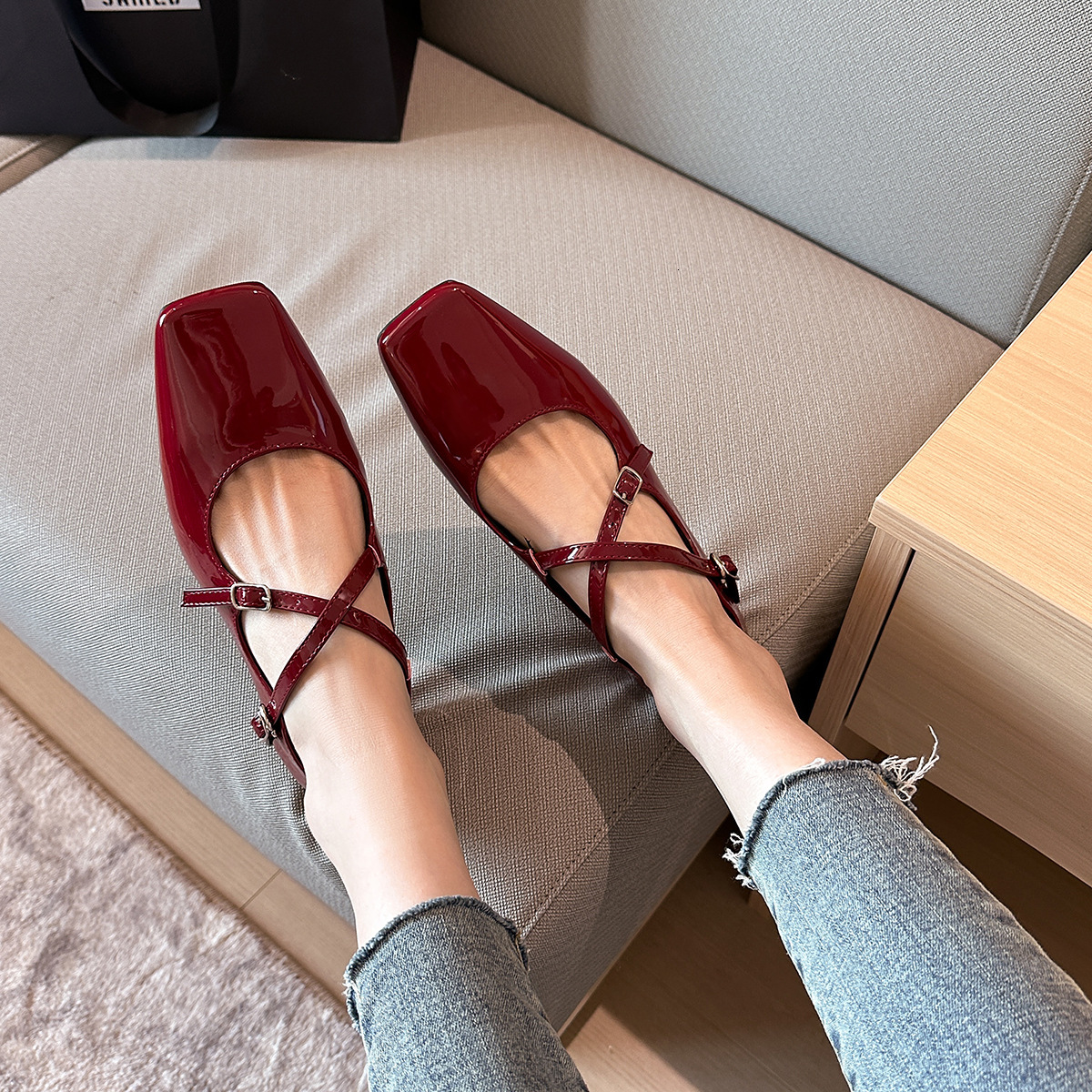 2123-2 Style Toe Cross Strap Square Mary Jane Autumn New French Versatile Low Heel Shoes for Women ddmythur
