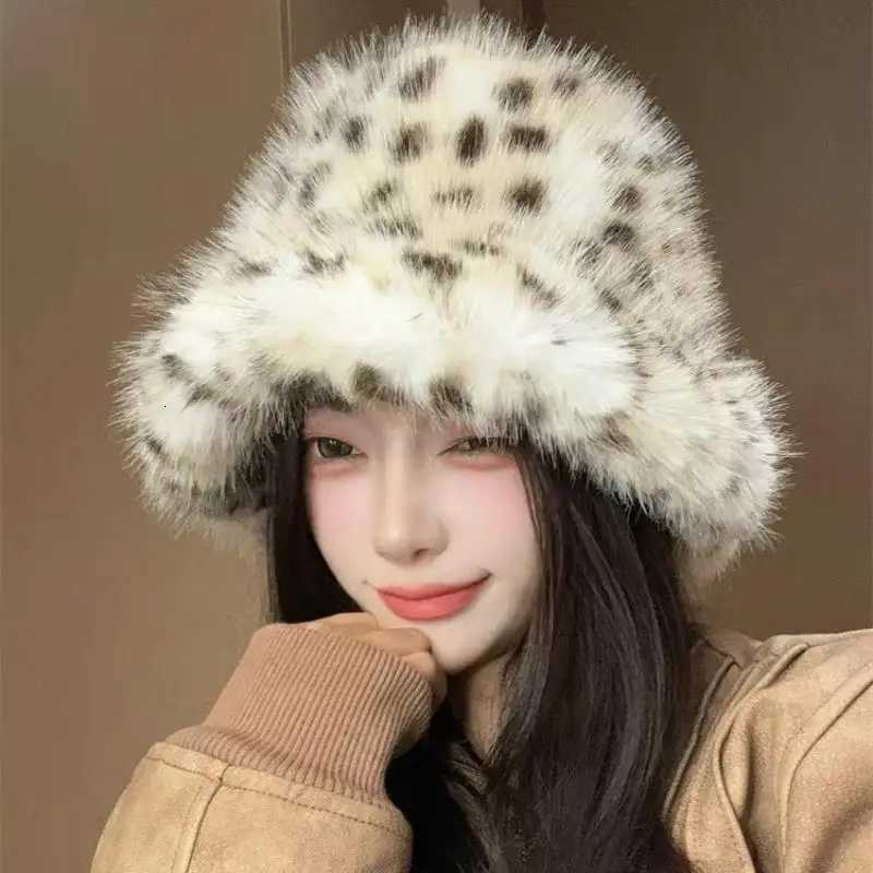 Leopard Plush Fisherman Beanie Hat Korean Style Face Recognition Bucket Hats Big Head Circumference Faux Fur Streetwear CapsL251024