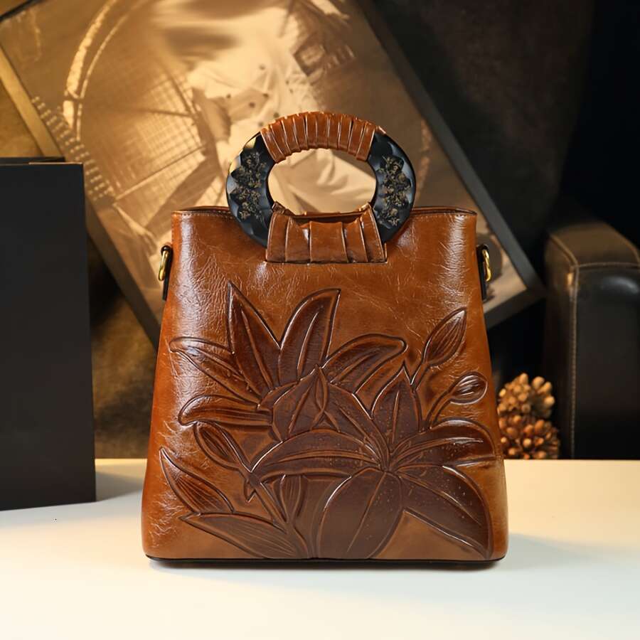 Vintage Floral Pattern Wo, Light Brown, Removable Strap, Zipper Closure, Polyester Lined, Painted, Fashionable Ethnic Style Handbag For Daily Commute
