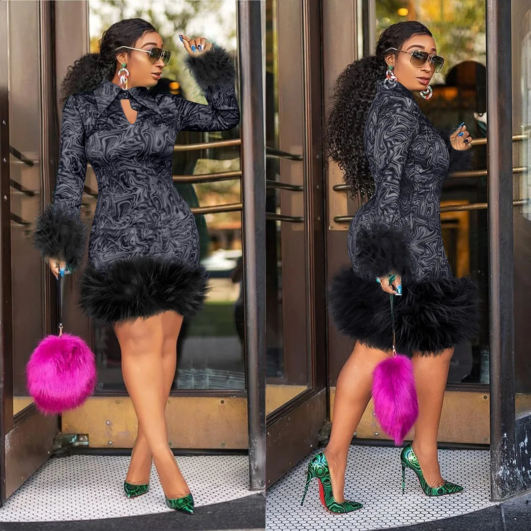 crossborder fashion elegant and sexy printed long sleeved lapel splicing plus size hip hugging slim fit dress 251023