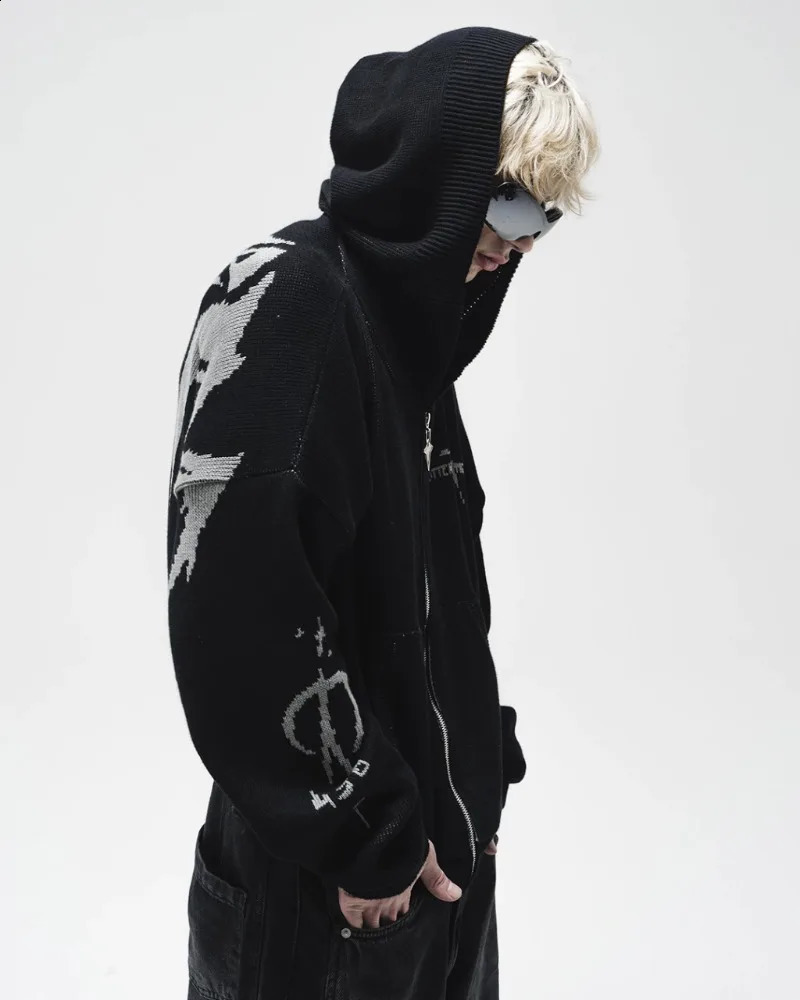 Slate Gray Knitted Zip Up Hoodie Men Y2K Retro Letter Embroider Hip Hop Baggy Casual Sweatshirt Gothic High Street Unisex 251018
