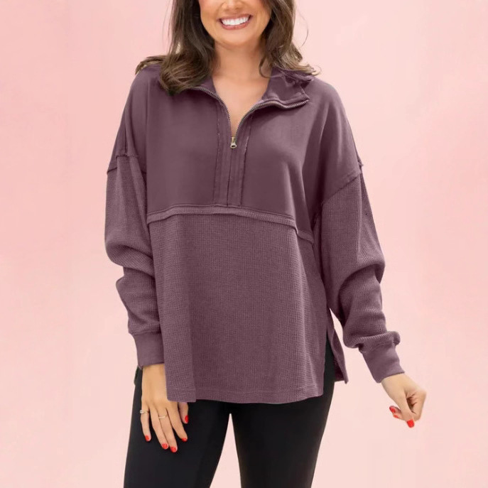 2025 Autumn Winter New Solid Color Turn-Down Collar Sweatshirt Loose Simple Style with Zipper Long Sleeve Top for Women