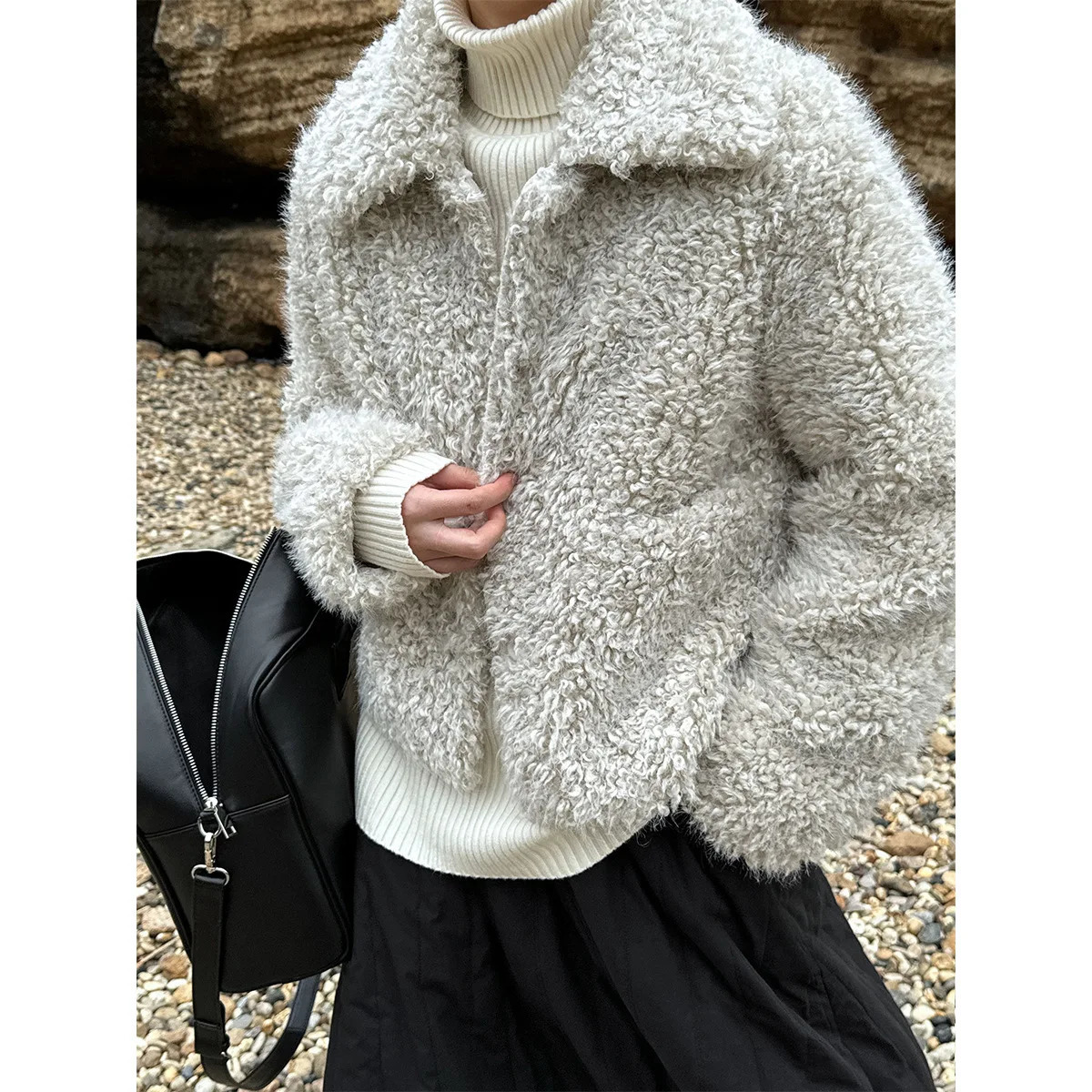 Lamb Fur White Shearling Jacket Womens Autumn Winter Short Lapel Plush Thickness 251021