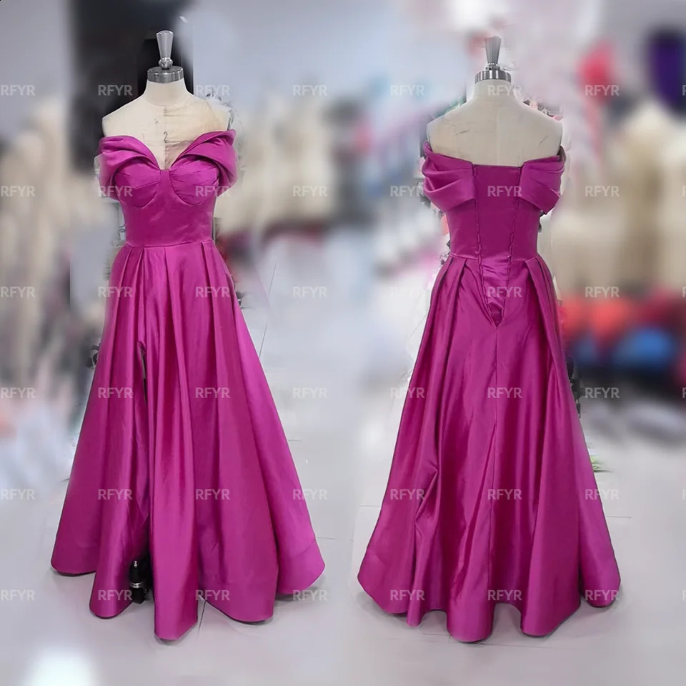 RFYR Elegant Pleats Prom Gown Satin Side Slit Evening Dress Off Shoulder Party Prom Dress For Women robes de soire Customized 251023