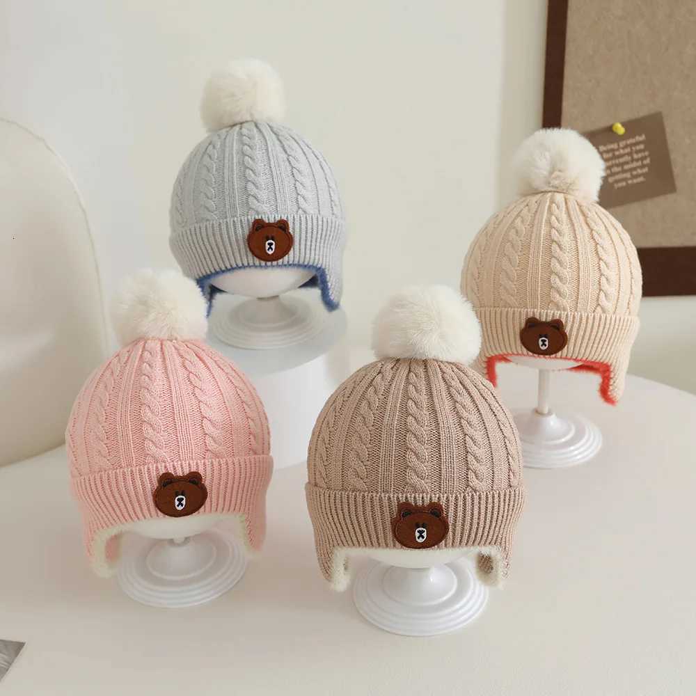 New Autumn Winter Knitted Baby Hat for Girls Boys Toddler Bear Pompom Hat with Earmuffs Outdoor Warm Ear Protection Hat for KidsL251024
