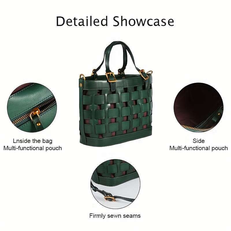 Brown Vintage Style Genuine Leather Woven Handbag For Women With Golden Accents, Zipper Closure, Polyester Lined, Shoulder & Handba