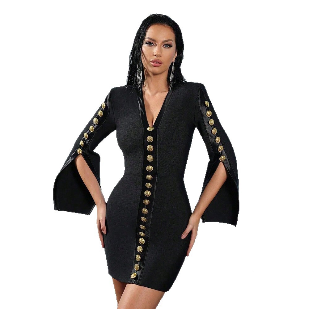 Autumn and winter new European and American designer women's solid color commuting button tight bandage short skirt