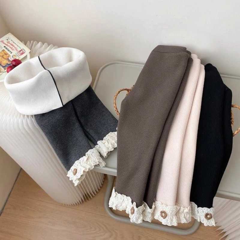 2025 Winter Pit Stripe Fleece Padded Toddler Girls Leggings Warm Lace Flower Fitted Girls PantsT251024